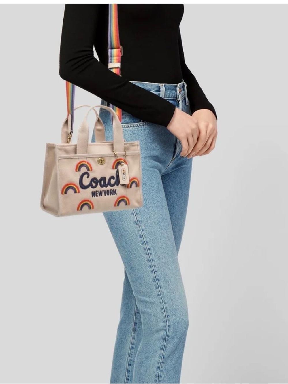 Coach Beige Canvas Tote with Rainbow Appliqués and Striped Strap - Picture 10 of 11
